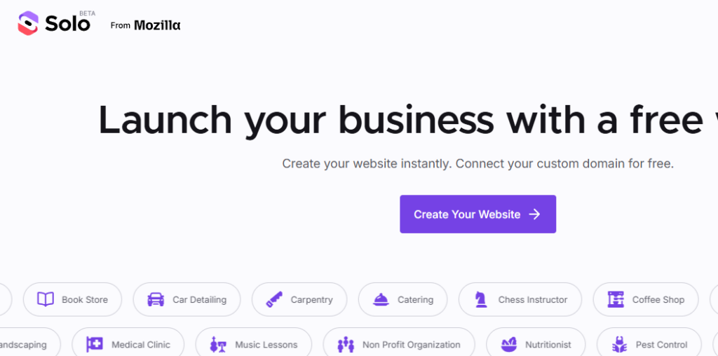 Главная страница Solo с заголовком "Launch your business with a free website" и иконками различных типов бизнеса