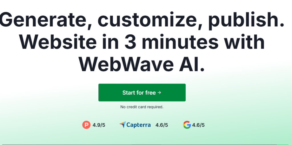 Главная страница WebWave AI с заголовком "Generate, customize, publish. Website in 3 minutes with WebWave AI"