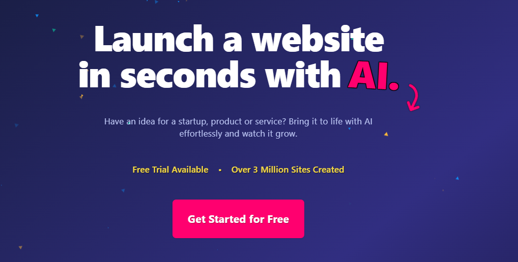 Страница с заголовком "Get unique landing pages. Generated instantly with AI" и кнопкой "Start Creating"