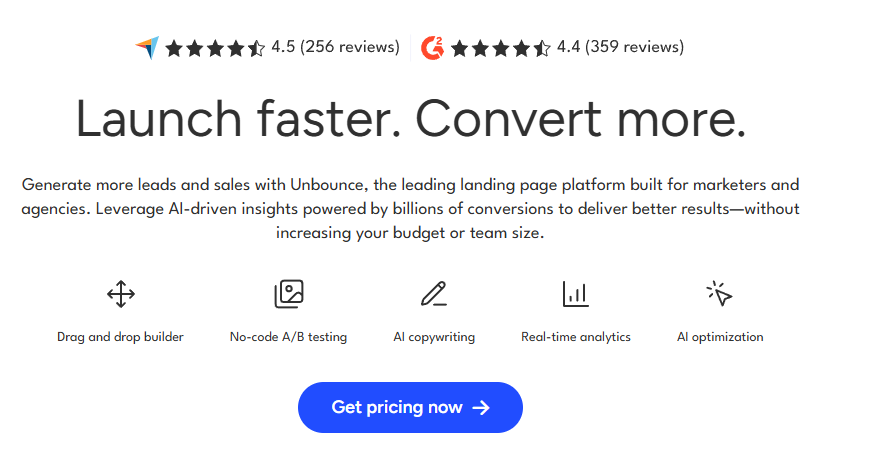 Главная страница Unbounce с заголовком "Launch faster. Convert more" и иконками основных функций