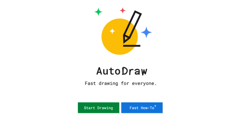 Логотип и интерфейс AutoDraw с кнопками "Start Drawing" и "Fast How-To"