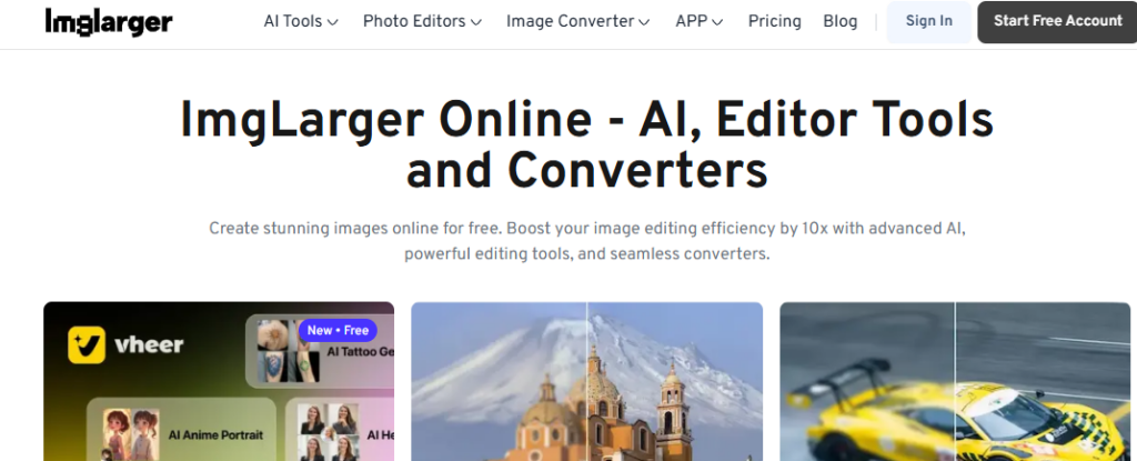 Главная страница ImgLarger с заголовком "ImgLarger Online - AI, Editor Tools and Converters" и примерами обработки изображений