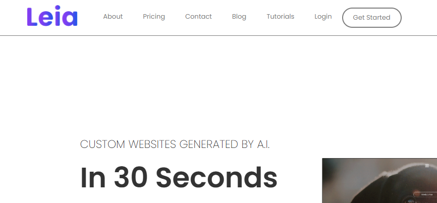 Интерфейс платформы Leia с навигационным меню и разделом "Custom websites generated by AI in 30 seconds"