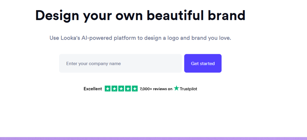 Интерфейс Looka с заголовком "Design your own beautiful brand" и формой для ввода названия компании