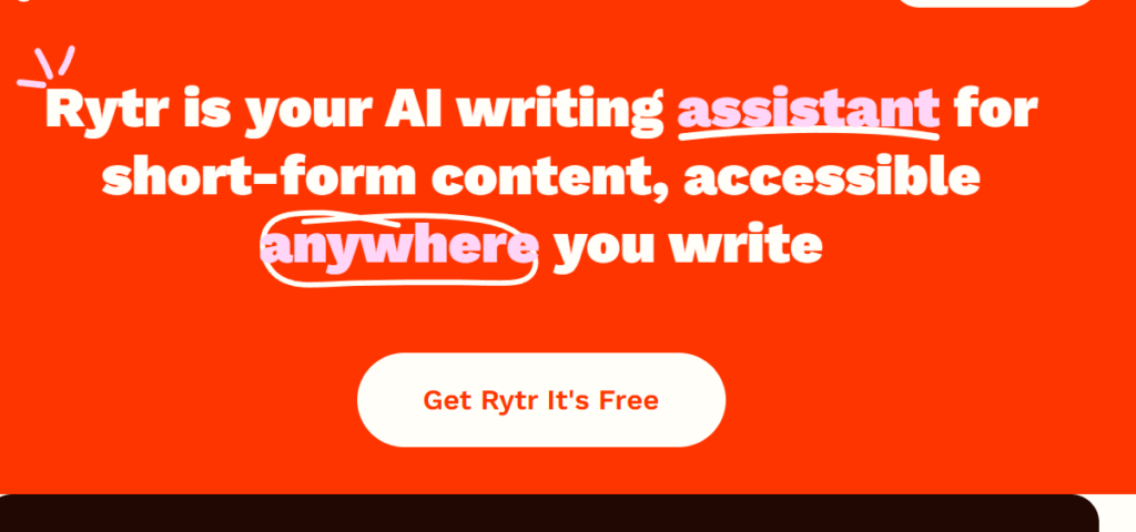 Интерфейс Rytr с красным баннером "Rytr is your AI writing assistant for short-form content, accessible anywhere you write"