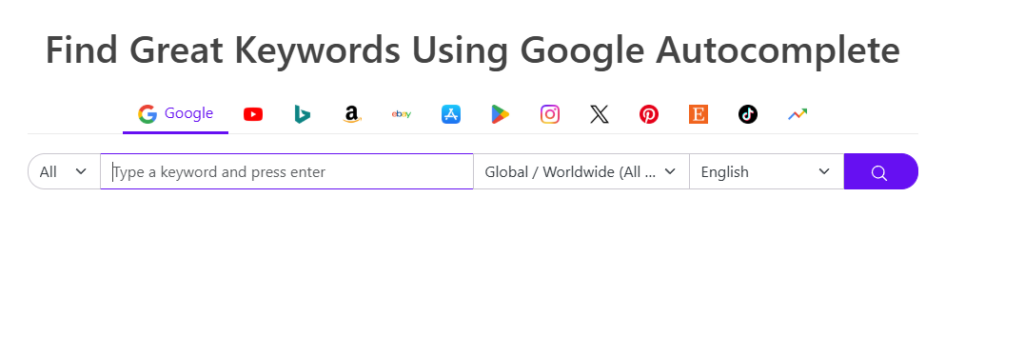 Главная страница KeywordTool.io с заголовком "Find Great Keywords Using Google Autocomplete" и иконками различных платформ
