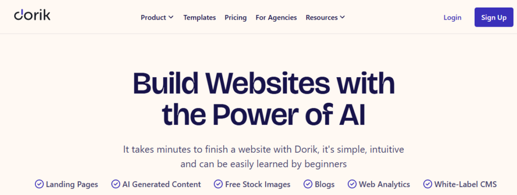 Главная страница Dorik с заголовком "Build Websites with the Power of AI" и перечислением основных возможностей платформы