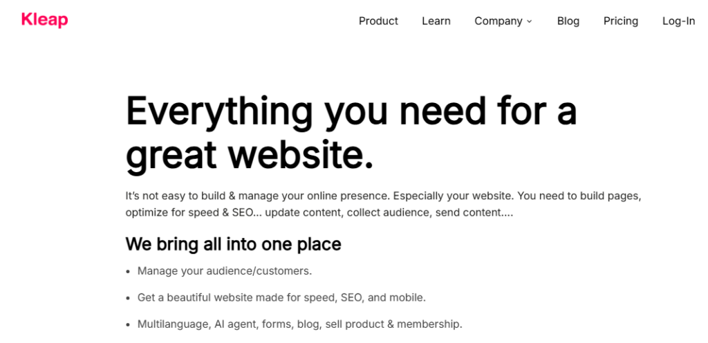 Интерфейс Kleap с заголовком "Everything you need for a great website" и описанием возможностей платформы