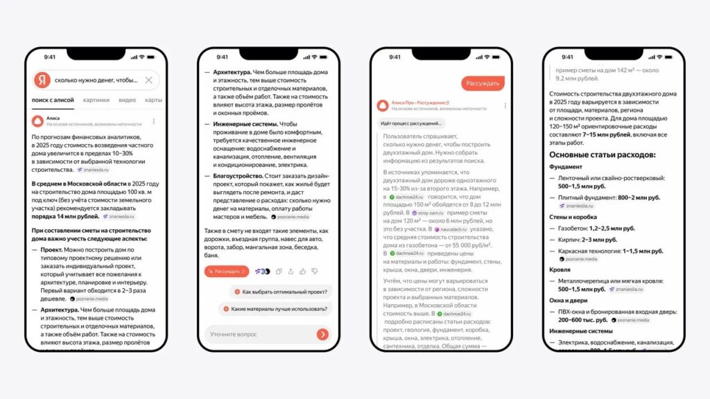 Последовательность из четырех скриншотов мобильного интерфейса, демонстрирующая работу режима "Рассуждать" в поиске Яндекса