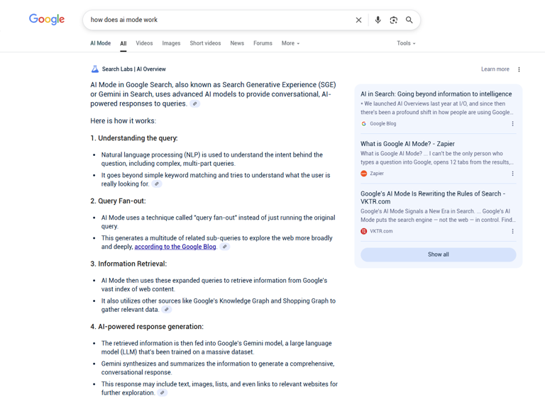 Скриншот страницы Google с объяснением работы AI Mode в поиске, показывающий четыре этапа обработки запросов: понимание запроса, расширение поиска, извлечение информации и генерация AI-ответов