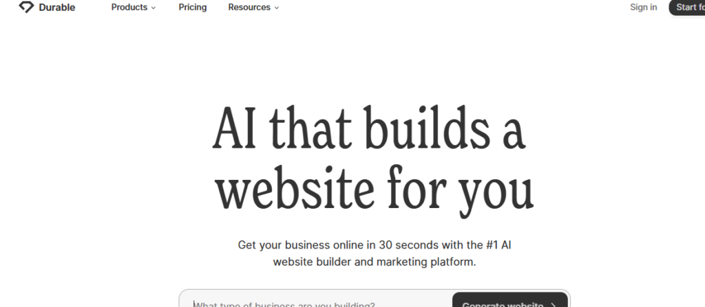 
Главная страница Durable с заголовком "AI that builds a website for you" и формой для начала создания сайта