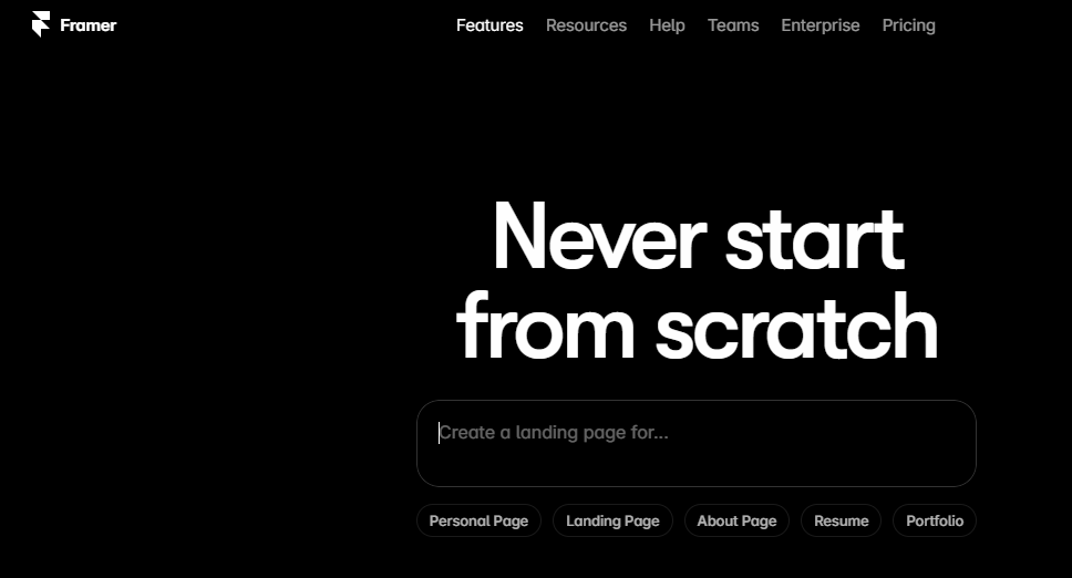 Главная страница Framer с заголовком "Never start from scratch" и формой для создания лендинга