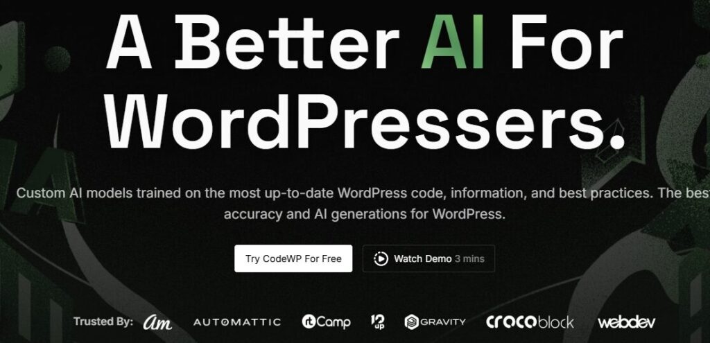 Главная страница CodeWP с заголовком "A Better AI For WordPressers" и логотипами партнеров