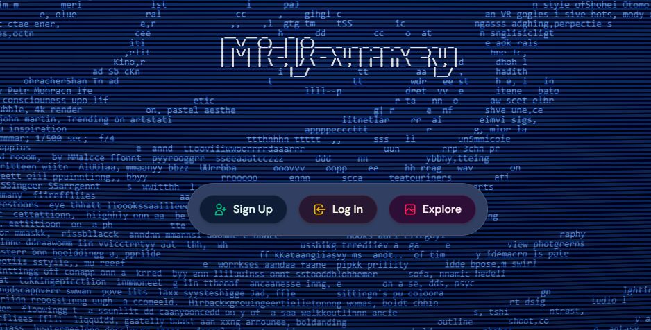 Интерфейс Midjourney с кодом на темном фоне и кнопками "Sign Up", "Log In", "Explore"