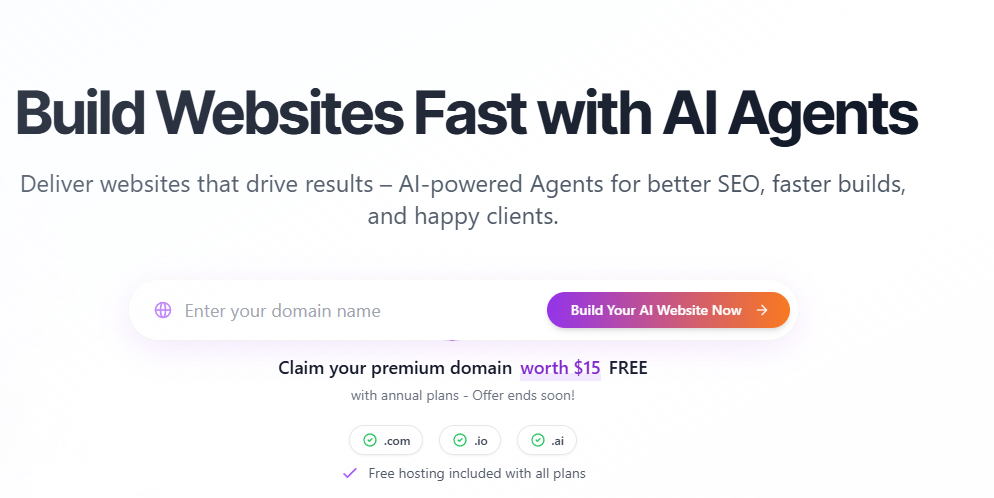 Интерфейс Web Wave Ai с заголовком "Build Websites Fast with AI Agents" и формой ввода домена