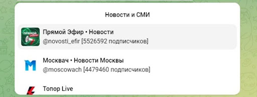 Скриншот результатов поиска в MotherSearch, показывающий найденные новостные каналы с количеством подписчиков, включая "Прямой Эфир • Новости", "Москвач • Новости Москвы" и "Топор Live".